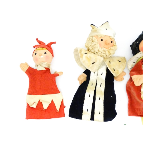 955 - Toys: Seven vintage assorted hand / glove puppets to include king, clown, jester, fisherman, etc. La... 