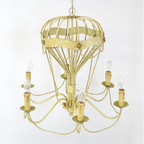 1406 - Two pendant ceiling lights / electroliers formed as stylised hot air balloons and having six branche... 