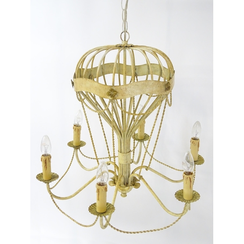 1406 - Two pendant ceiling lights / electroliers formed as stylised hot air balloons and having six branche... 