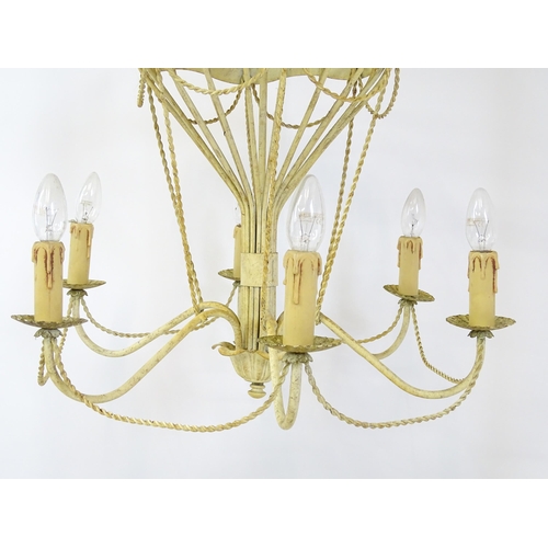 1406 - Two pendant ceiling lights / electroliers formed as stylised hot air balloons and having six branche... 