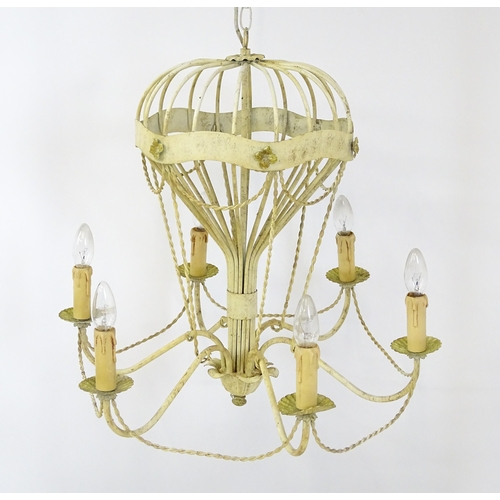 1406 - Two pendant ceiling lights / electroliers formed as stylised hot air balloons and having six branche... 