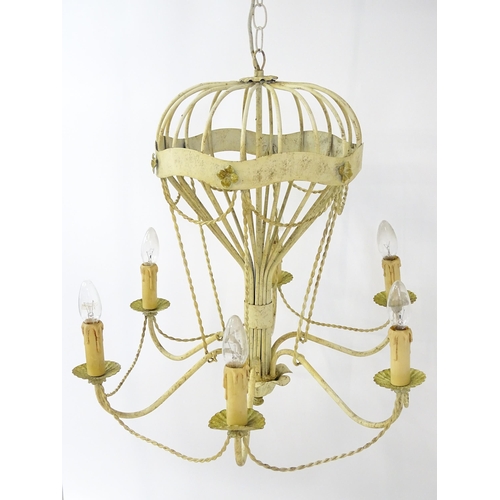 1406 - Two pendant ceiling lights / electroliers formed as stylised hot air balloons and having six branche... 