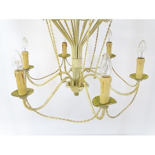 1406 - Two pendant ceiling lights / electroliers formed as stylised hot air balloons and having six branche... 