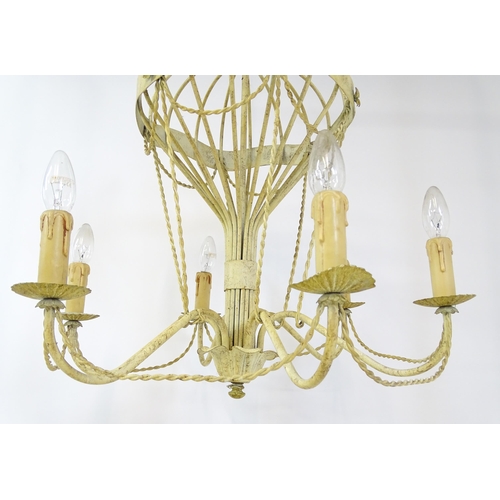 1406 - Two pendant ceiling lights / electroliers formed as stylised hot air balloons and having six branche... 