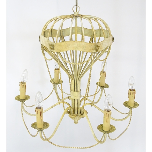 1406 - Two pendant ceiling lights / electroliers formed as stylised hot air balloons and having six branche... 