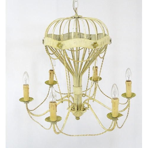 1406 - Two pendant ceiling lights / electroliers formed as stylised hot air balloons and having six branche... 