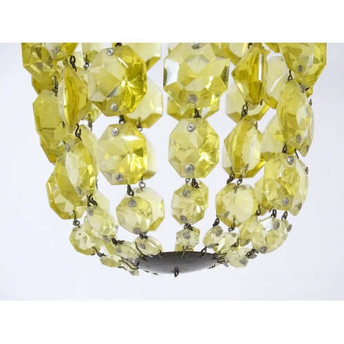 1407 - Three assorted pendant bag light shades with lustre drops. Together with a yellow amber glass shade ... 