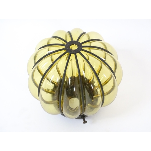 1407 - Three assorted pendant bag light shades with lustre drops. Together with a yellow amber glass shade ... 