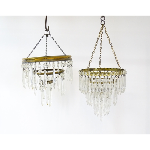 1407 - Three assorted pendant bag light shades with lustre drops. Together with a yellow amber glass shade ... 