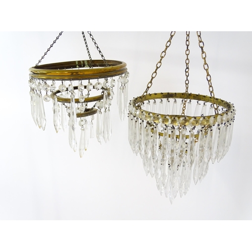 1407 - Three assorted pendant bag light shades with lustre drops. Together with a yellow amber glass shade ... 