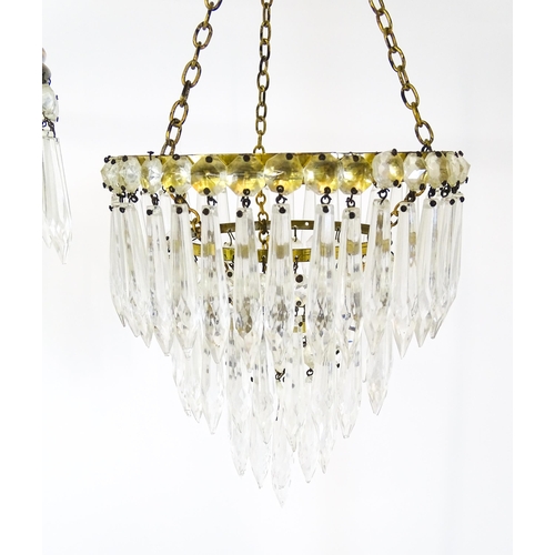 1407 - Three assorted pendant bag light shades with lustre drops. Together with a yellow amber glass shade ... 