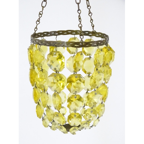 1407 - Three assorted pendant bag light shades with lustre drops. Together with a yellow amber glass shade ... 