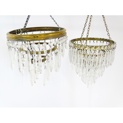 1407 - Three assorted pendant bag light shades with lustre drops. Together with a yellow amber glass shade ... 