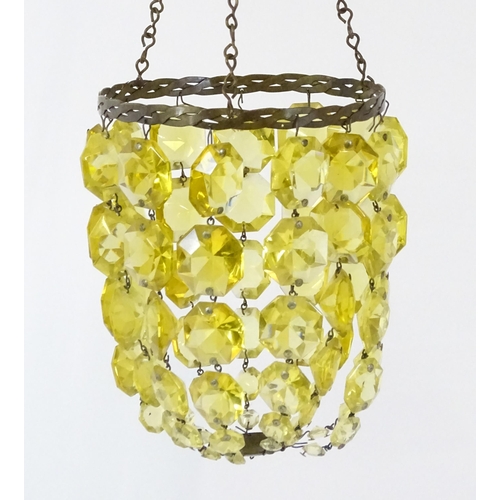 1407 - Three assorted pendant bag light shades with lustre drops. Together with a yellow amber glass shade ... 