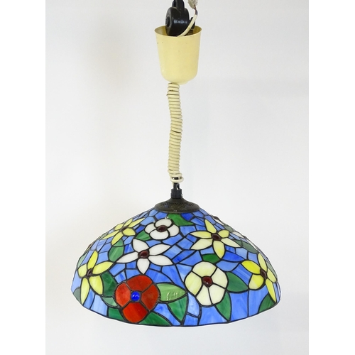 1408 - A Tiffany style light shade with floral stained glass style detail and rise and fall style light fit... 