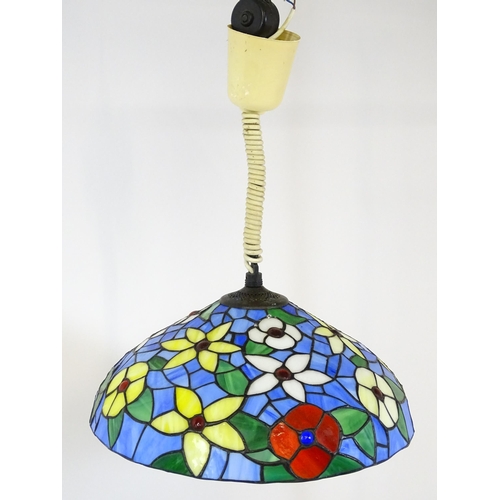 1408 - A Tiffany style light shade with floral stained glass style detail and rise and fall style light fit... 