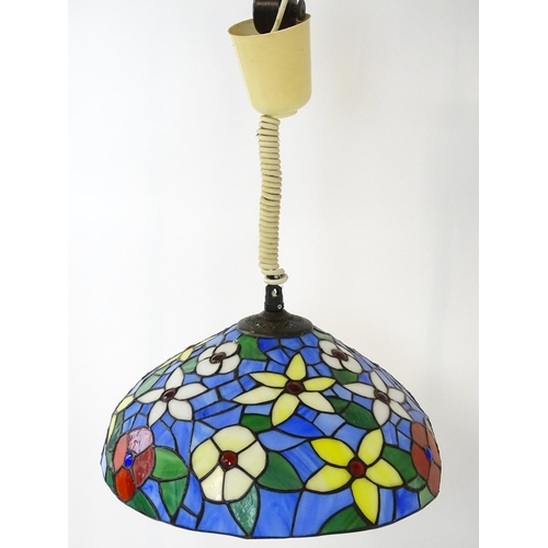 1408 - A Tiffany style light shade with floral stained glass style detail and rise and fall style light fit... 