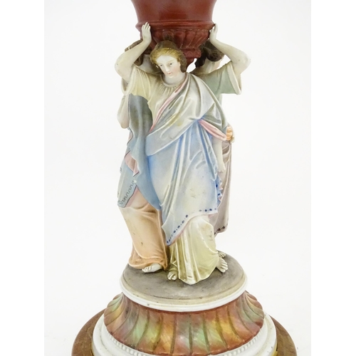 1411 - A table lamp formed from an oil lamp with ceramic figural base. Approx. 22