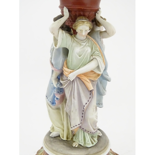 1411 - A table lamp formed from an oil lamp with ceramic figural base. Approx. 22