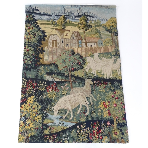 2164 - Two 20thC Continental tapestries one depicting sheep grazing with town beyond, the other depicting a... 