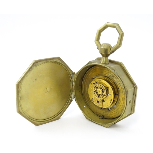 1441 - A brass cased hanging sedan style clock of octagonal form, with Roman hours and Arabic seconds. Appr... 