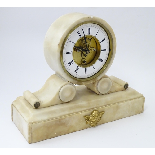 1457 - A 19thC French alabaster drum head clock by Farcot, Paris,  with Roman chapter ring and visible esca... 