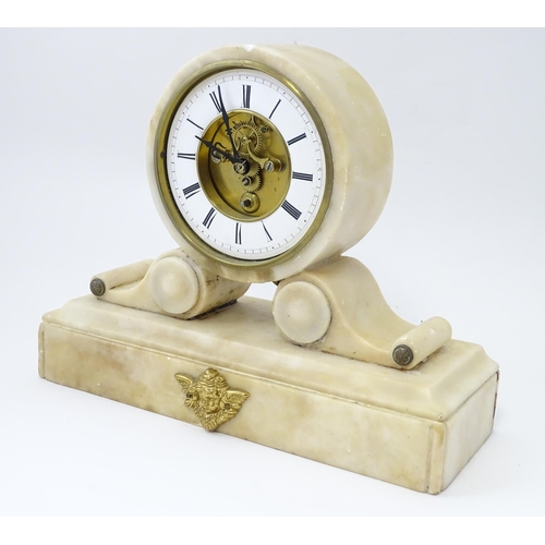 1457 - A 19thC French alabaster drum head clock by Farcot, Paris,  with Roman chapter ring and visible esca... 