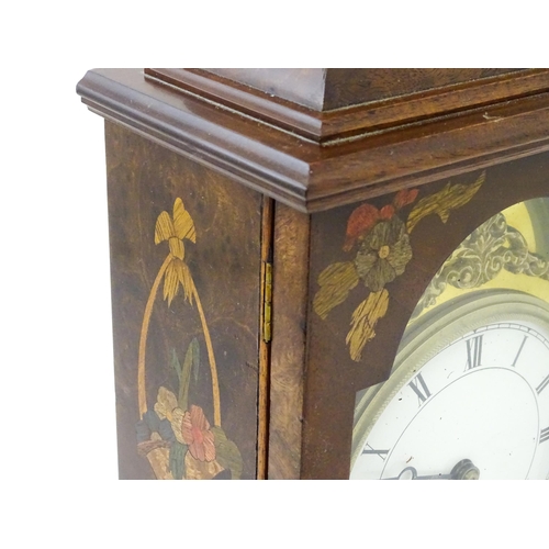 1461 - A 20thC walnut cased mantle clock with inlaid  floral detail and white enamel dial with Roman chapte... 