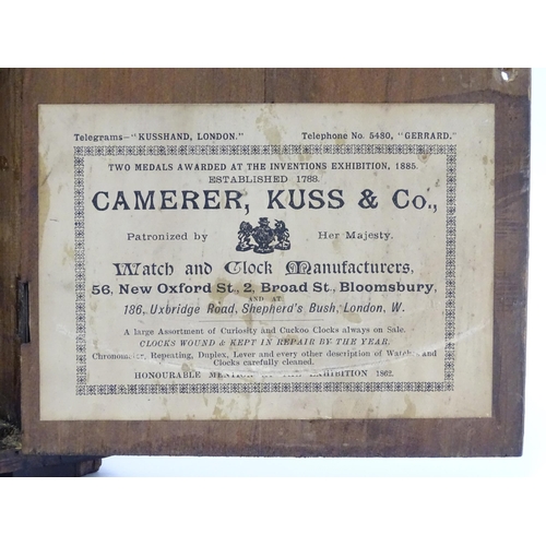 1466 - A 20thC oak cased mantle clock bearing label for Camerer, Kuss & Co.  Approx. 9 1/4