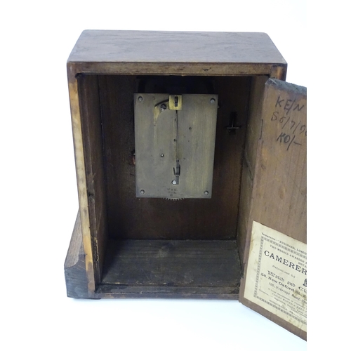 1466 - A 20thC oak cased mantle clock bearing label for Camerer, Kuss & Co.  Approx. 9 1/4