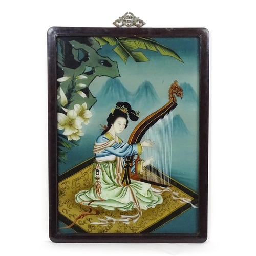 1911 - Oriental School, Reverse glass painting, A portrait of a young woman playing a harp in a mountain la... 