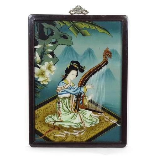 1911 - Oriental School, Reverse glass painting, A portrait of a young woman playing a harp in a mountain la... 