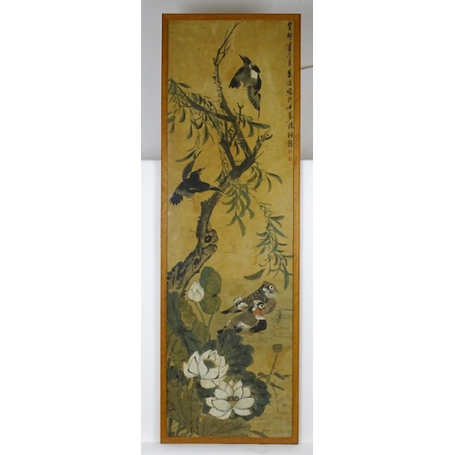 1914 - Chinese School, Watercolour, A study of birds, lotus flowers and foliage. Character marks and seals ... 