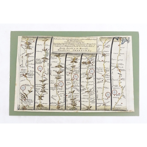 2115 - Map: An 18thC engraved strip map with hand colouring titled The Road from Oxford to Salisbury by Tho... 