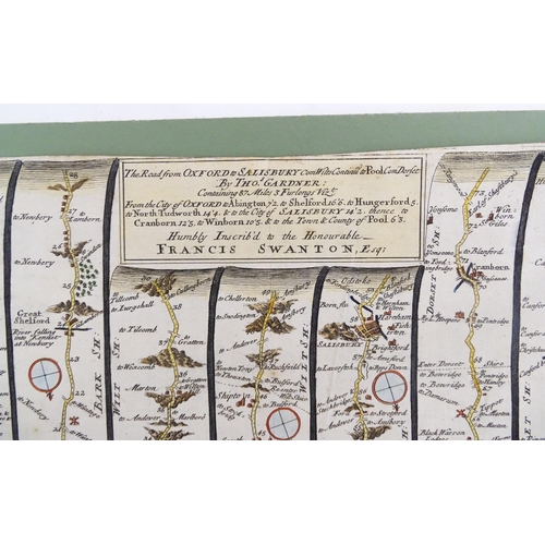 2115 - Map: An 18thC engraved strip map with hand colouring titled The Road from Oxford to Salisbury by Tho... 