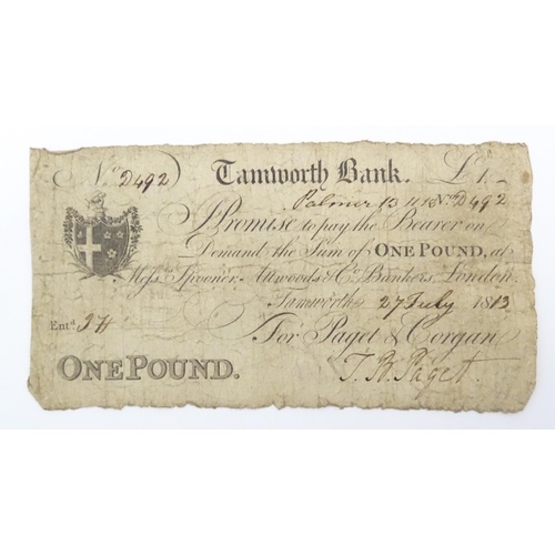 2126 - An early 19thC British provincial Tamworth Bank one pound note dated 27 July 1813, no. D492, for Pag... 