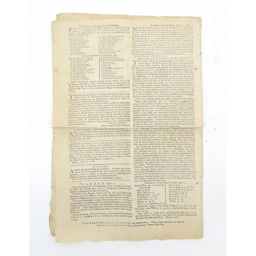 2135 - An early 18thC newspaper titled The Kentish Post, or Canterbury News-Letter, dated 1768. Together wi... 