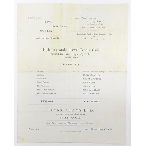 2139 - A 20thC High Wycombe Lawn Tennis Club programme dated 1949, signed by Fred Perry (Frederick John Per... 