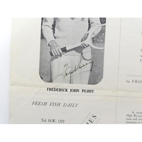 2139 - A 20thC High Wycombe Lawn Tennis Club programme dated 1949, signed by Fred Perry (Frederick John Per... 