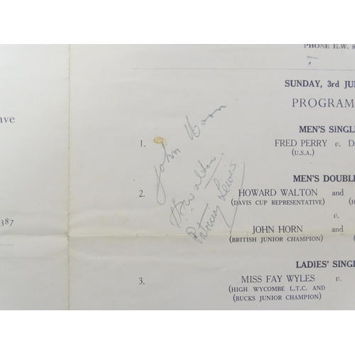 2139 - A 20thC High Wycombe Lawn Tennis Club programme dated 1949, signed by Fred Perry (Frederick John Per... 