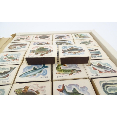 2146A - A set of 28 USSR Soviet Russian match boxes, each matchbox depicting a different fish with Cyrillic ... 