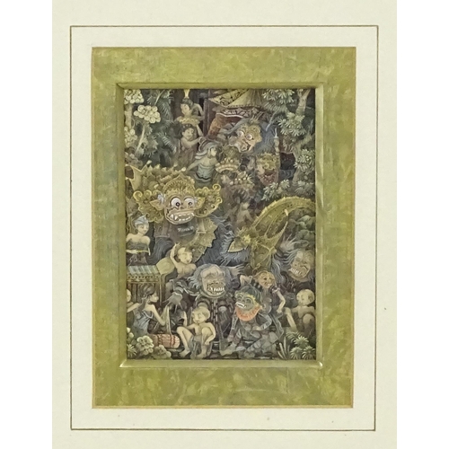 2153 - An Indonesian / Balinese watercolours depicting a busy scene with the Barong mythical creature, mask... 