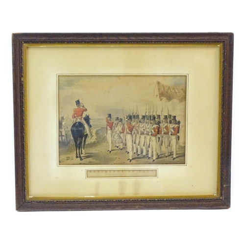 938 - Militaria : a hand coloured engraving, entitled  'Regiments of Foot - 5th (Northumberland Fusiliers)... 