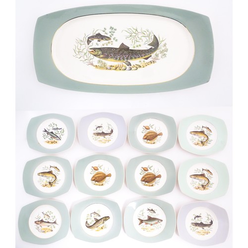 170 - A quantity of Norwegian Figgjo Flint plates and serving plate with fish decoration. Marked under Fig... 