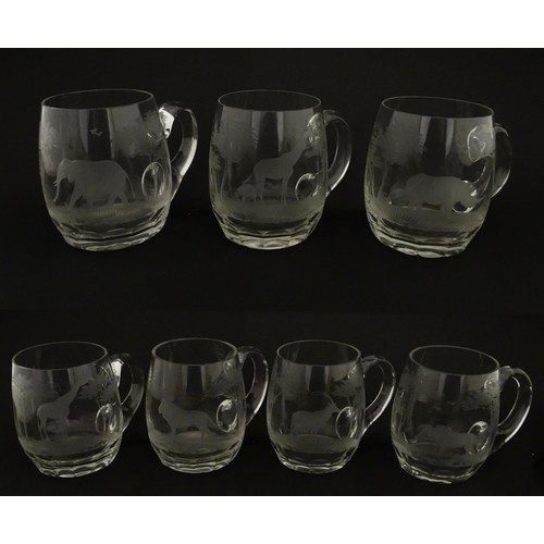 180 - Seven Rowland Ward pint mugs / glasses with engraved Safari animal detail. Unsigned. Approx. 4 1/2