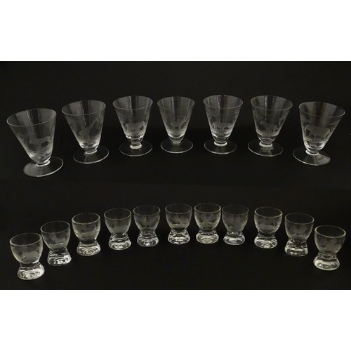 182 - Rowland Ward sherry / liquor  glasses with engraved Safari animal detail. Unsigned.  Largest approx.... 