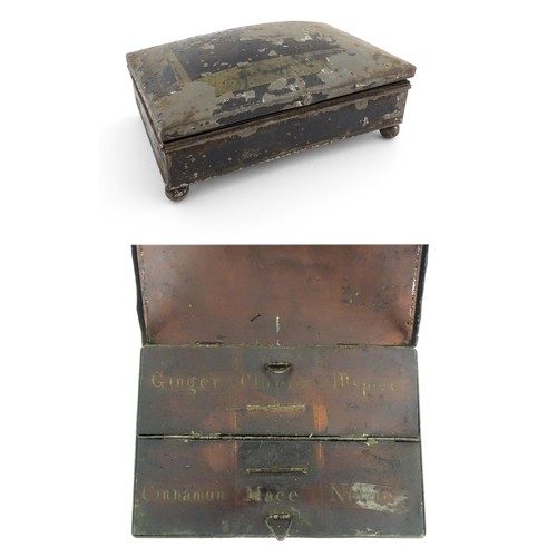 1157 - A Victorian tole peinte spice box opening to reveal twin hinged lids each concealing three sections,... 