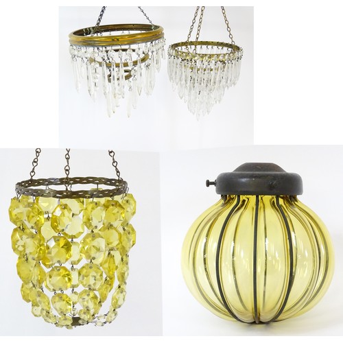 1407 - Three assorted pendant bag light shades with lustre drops. Together with a yellow amber glass shade ... 