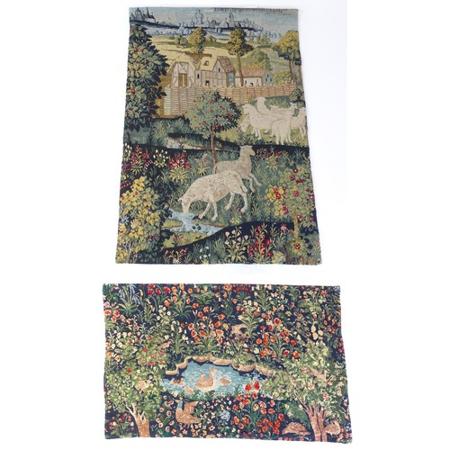 2164 - Two 20thC Continental tapestries one depicting sheep grazing with town beyond, the other depicting a... 