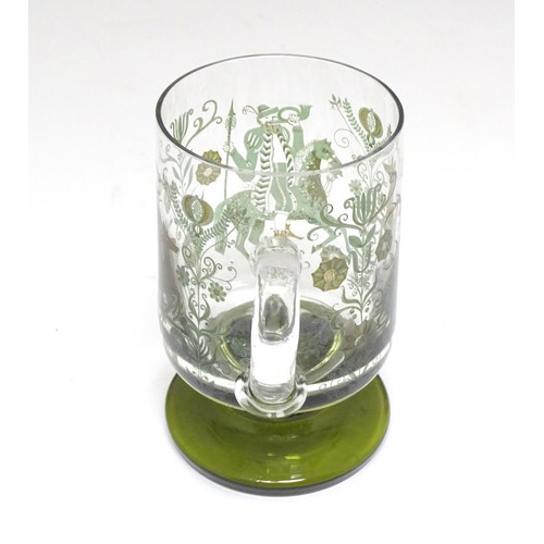 196 - A 19thC glass goblet / rummer. Together with a Continental tankard depicting hunting scene, figure o... 